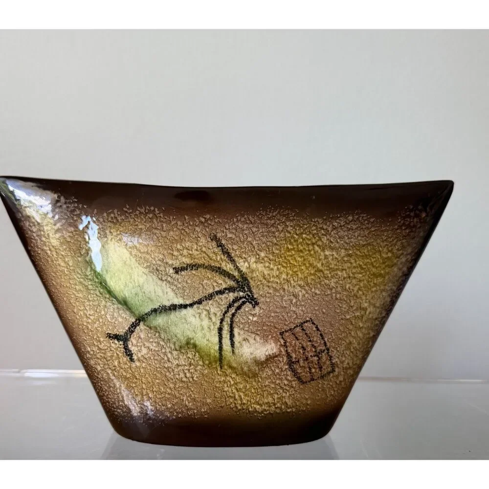 Vintage Sayei Japan MCM Pottery Vase Lascaux Cave Art Bulls Tribal Ceramic